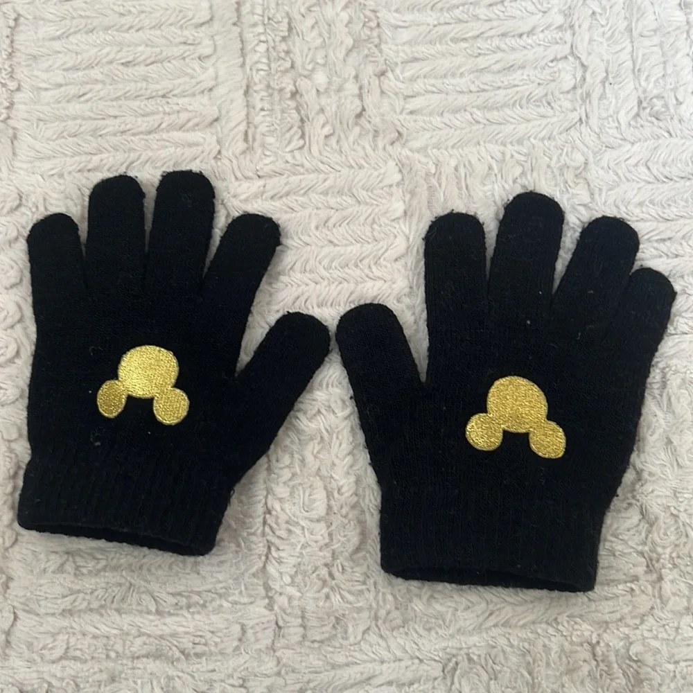 Black stretch knit gloves with gold color embroidered Mickey Mouse One size